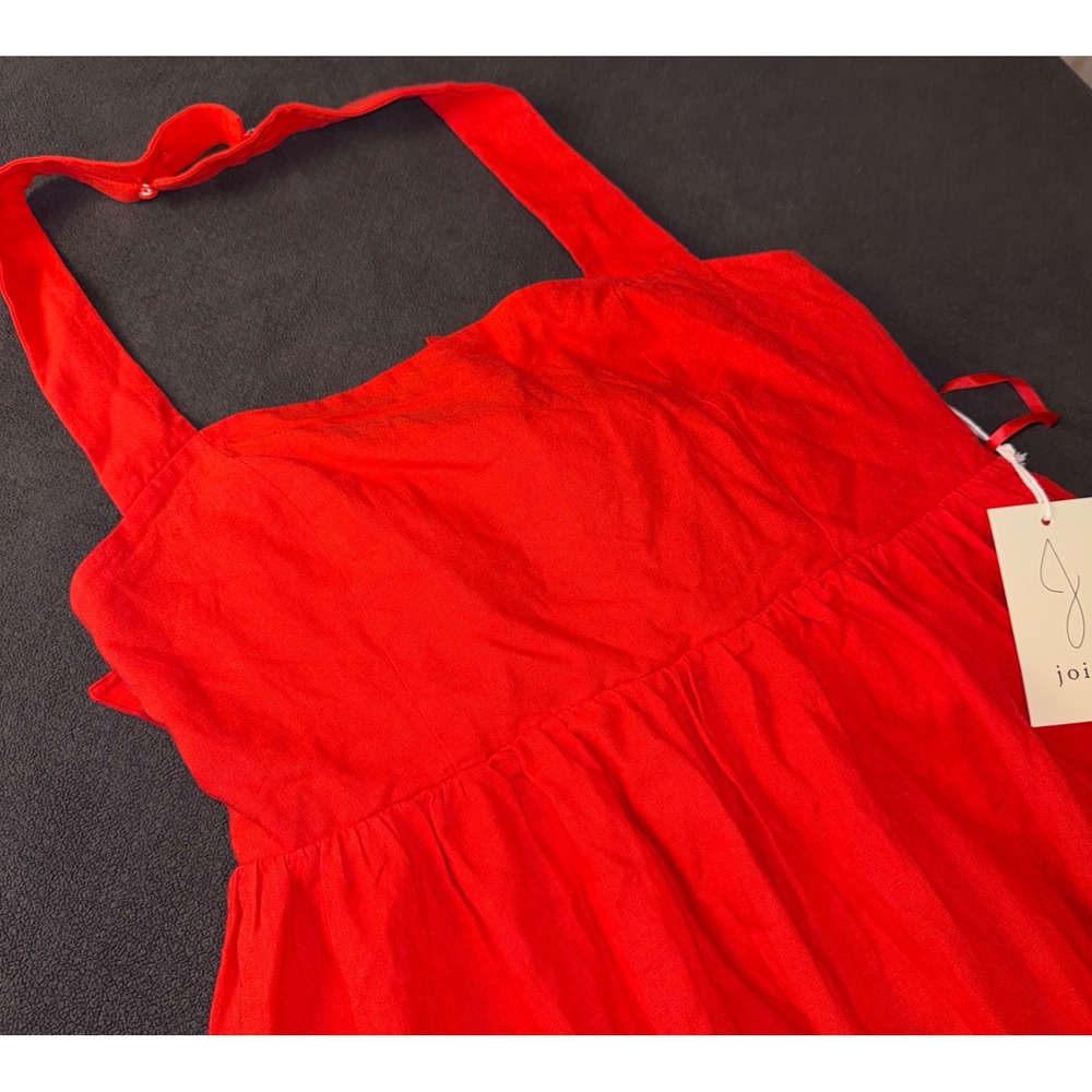 Joie Red Orange Linen Blend Halter Midi Dress Back Bow Pockets XL NWT